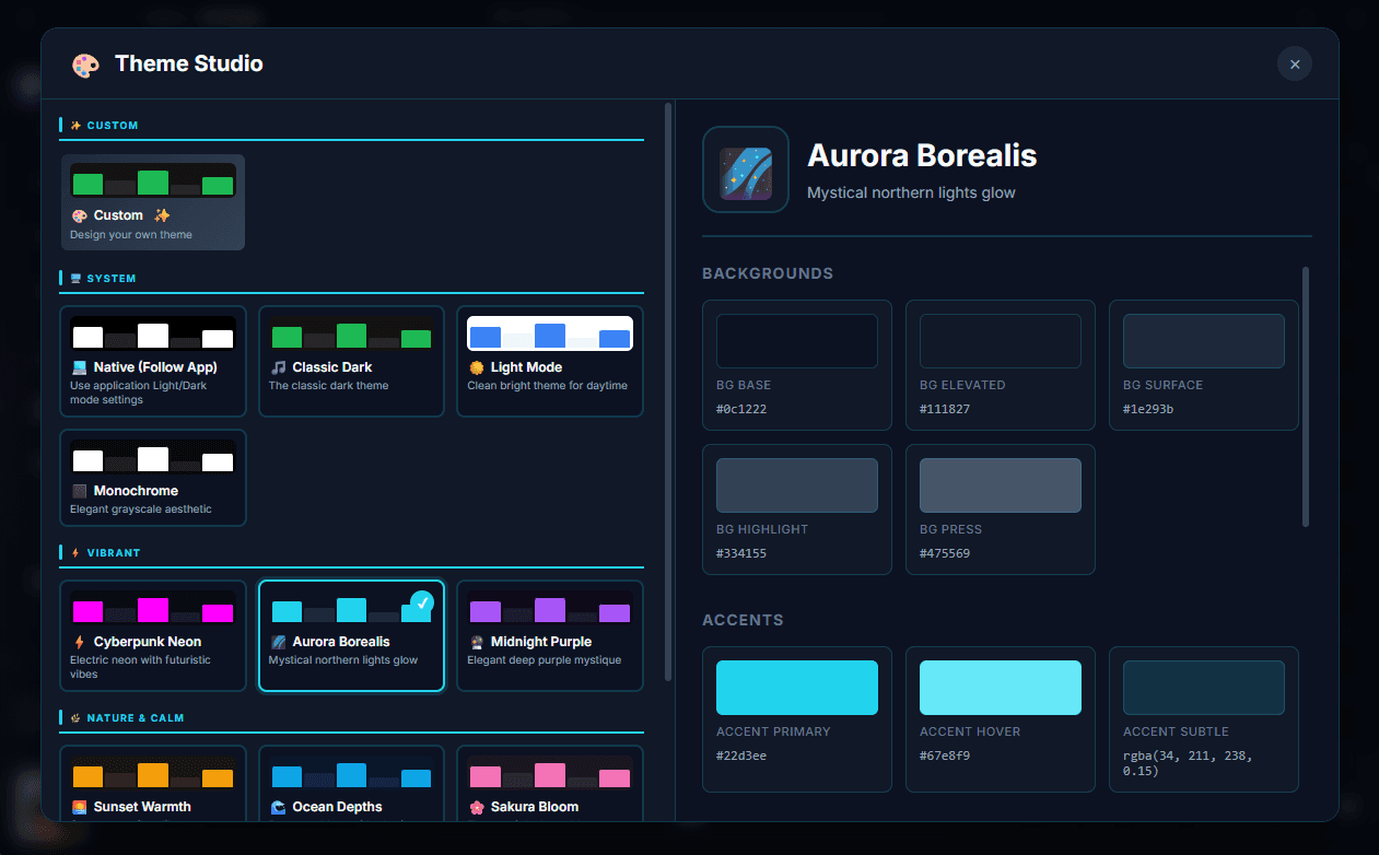 Audion theme selection interface showing custom palette presets